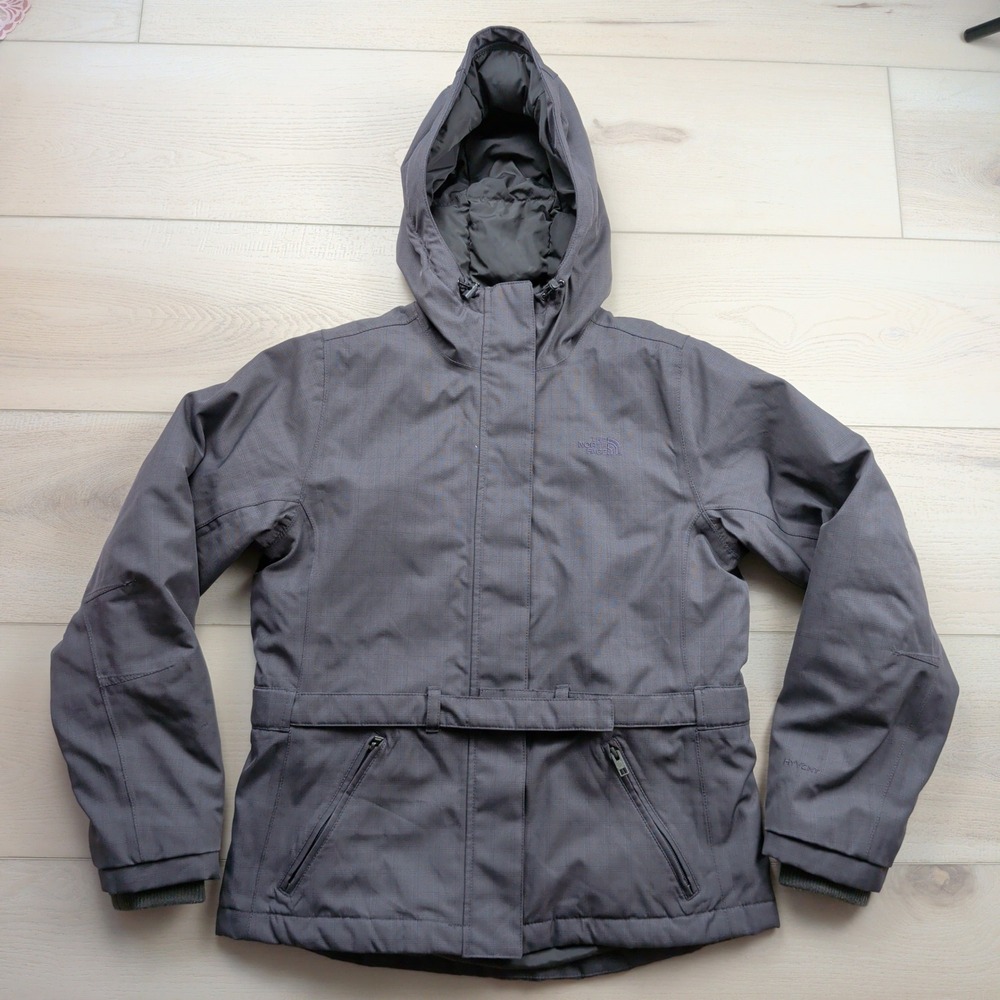The North Face HyVent Grey Plaid Hooded Down Puffer Jacket Womens Medium